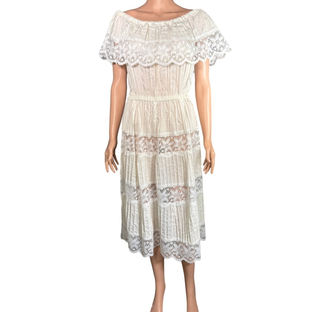 Handmade Ivory Lace Off Shoulder Midi Dress Pleated Artisan Boho Cream S M